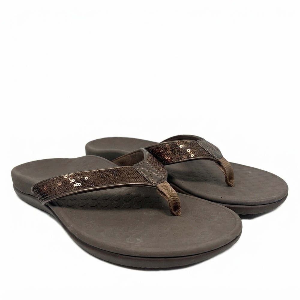 Vionic Tide Sequins Sandals Womens 9 Bronze Brown Orthotic Flip Flops
